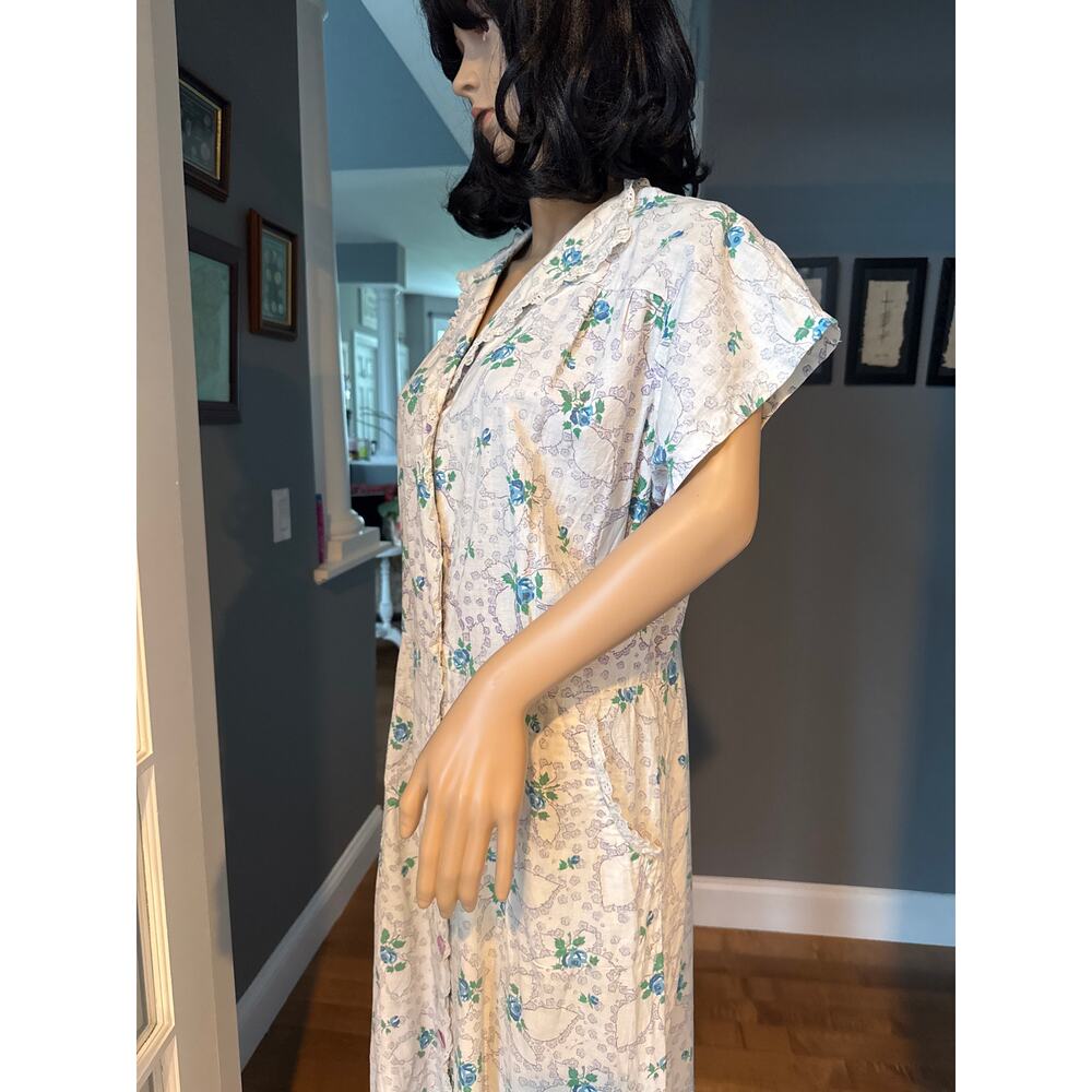 1950s Handmade Floral Day Dress Blue Rose Eyelet Trim Medium - Picture 14 of 16